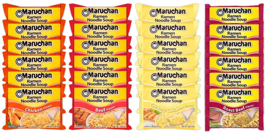 Maruchan Ramen Instant Noodle Soup Variety Mix 24 Packs, 4 Flavors - 6 Pack Chicken, 6 Pack Beef, 6 Pack Creamy Chicken , 6 Pack Roast Beef Lunch / Dinner Variety