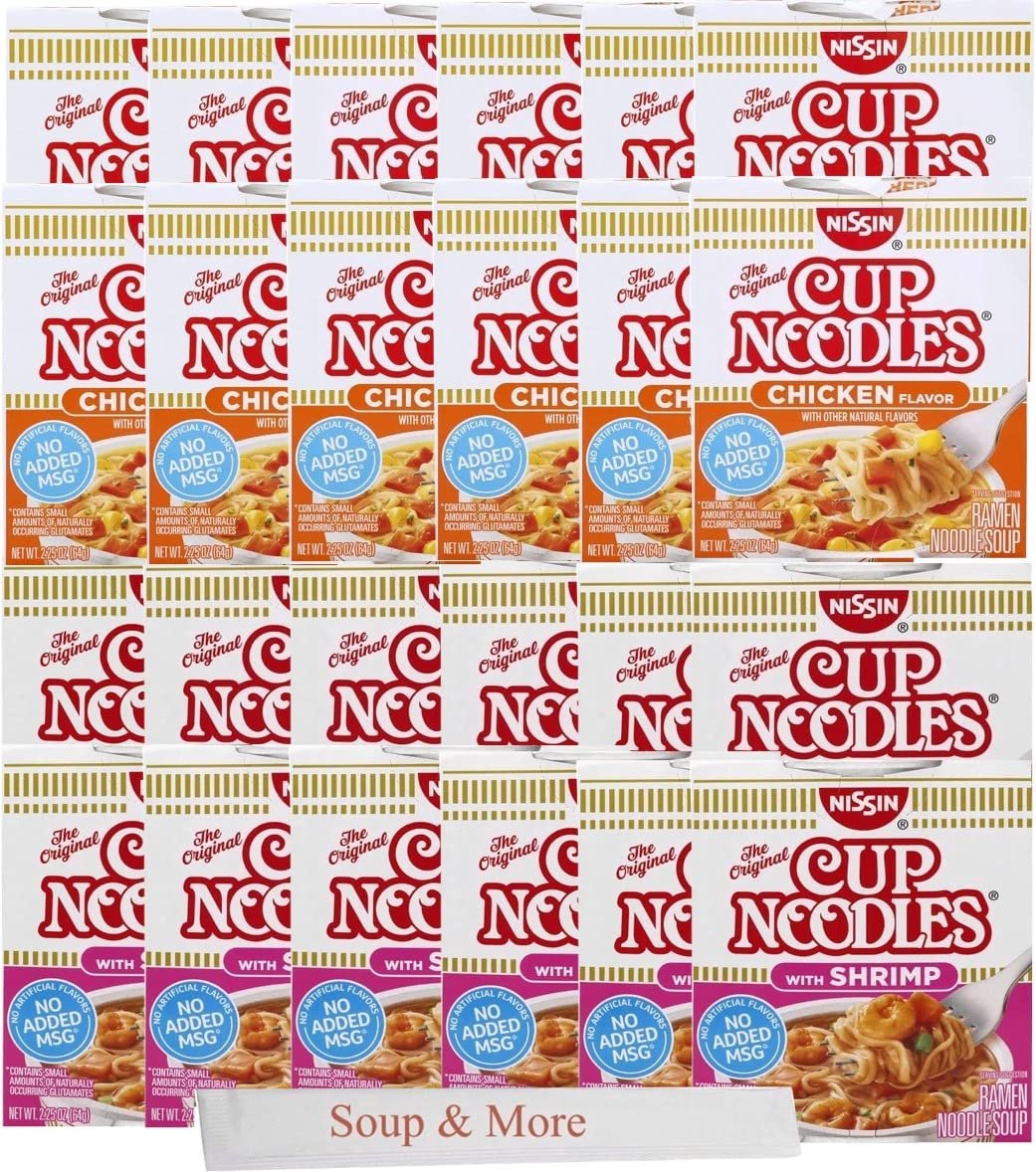 Nissin Cup Of Noodles Instant Cup 24 Count, 12 Shrimp, 12 Chicken Lunch / Dinner Variety, 2 Flavors