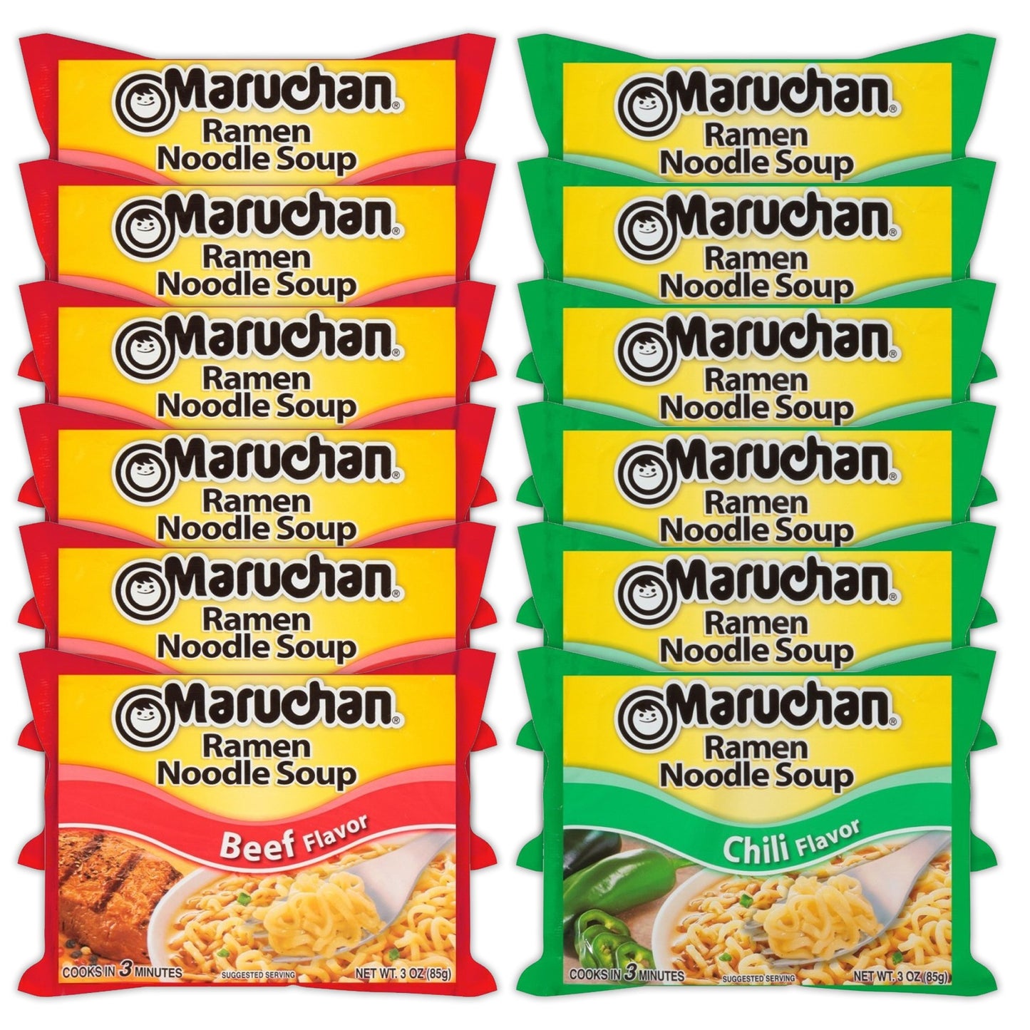 Maruchan Ramen Instant Noodle Soup Variety, 2 Flavors - 6 Packs Beef & 6 Packs Chili , 3 Ounce Single Servings Lunch / Dinner Variety