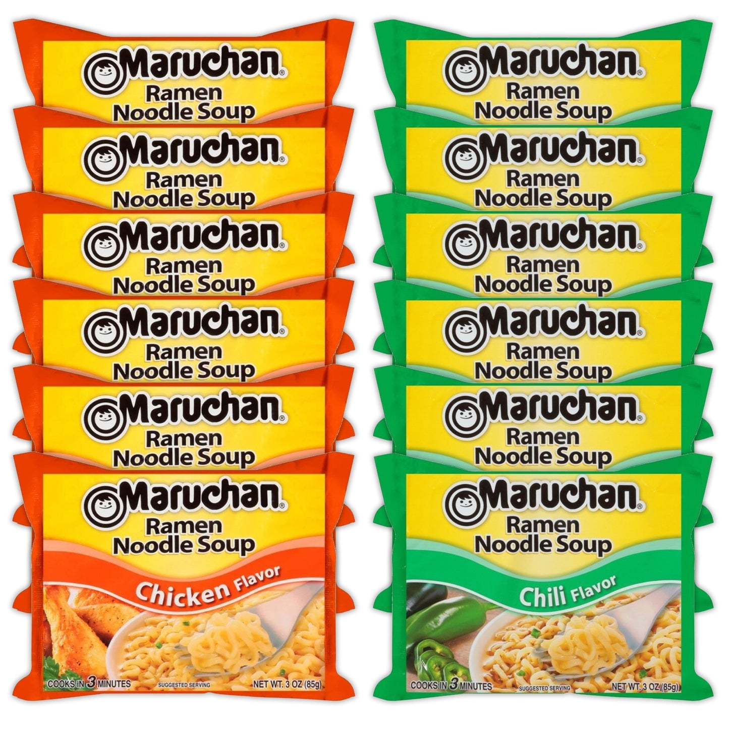 Maruchan Ramen Instant Noodle Soup Variety, 2 Flavors - 6 Packs Chicken & 6 Packs Chili , 3 Ounce Single Servings Lunch / Dinner Variety