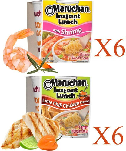 Maruchan Ramen Instant Cup Noodles 12 Count - 6 Shrimp Flavor & 6 Lime Chili Chicken Flavor Lunch / Dinner Variety, 2 Flavors