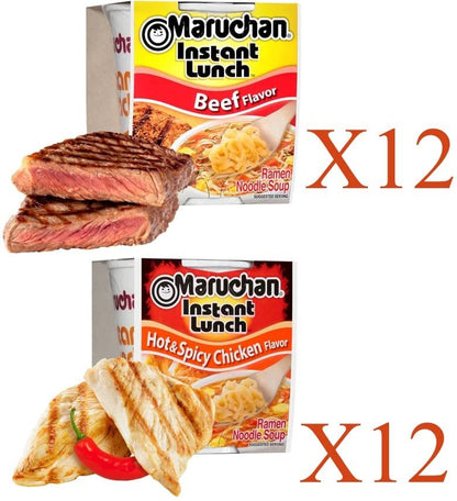 Maruchan Ramen Instant Cup Noodles 24 Count - 12 Beef Flavor & 12 Hot & Spicy Chicken Flavor Lunch / Dinner Variety, 2 Flavors