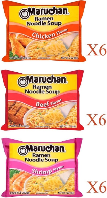 Maruchan Ramen Instant Soup Noodles 18 Count - 6 Shrimp Flavor & 6 Chicken Flavor & 6 Beef Flavor Lunch / Dinner Variety, 3 Flavors