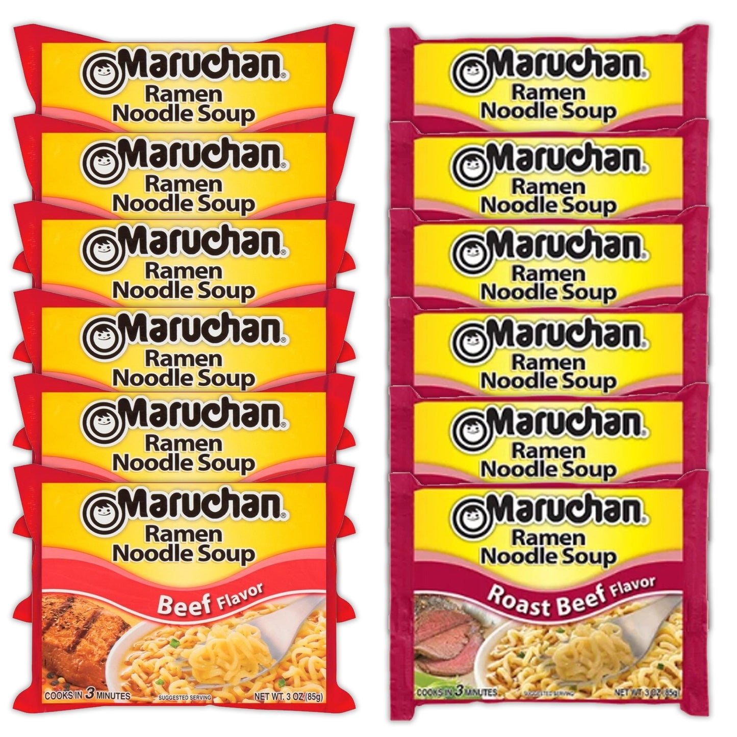 Maruchan Ramen Instant Noodle Soup Variety, 2 Flavors - 6 Packs Beef & 6 Packs Roast Beef , 3 Ounce Single Servings Lunch / Dinner Variety