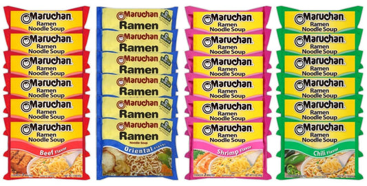 Maruchan Ramen Instant Noodle Soup Variety Mix 24 Packs, 4 Flavors - 6 Pack Oriental, 6 Pack Beef, 6 Pack Shrimp , 6 Pack Chili Lunch / Dinner Variety