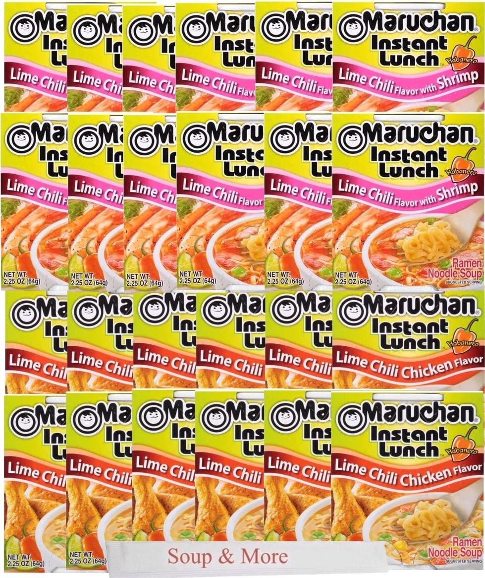 Maruchan Ramen Instant Cup Noodles 24 Count - 12 Lime Chili Chicken Flavor & 12 Lime Chili Shrimp Flavor Lunch / Dinner Variety, 2 Flavors