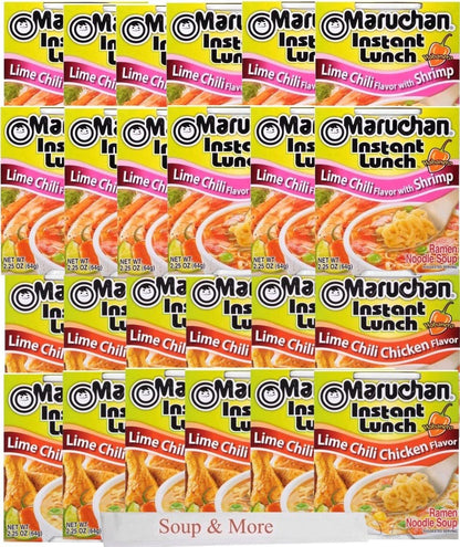 Maruchan Ramen Instant Cup Noodles 24 Count - 12 Lime Chili Chicken Flavor & 12 Lime Chili Shrimp Flavor Lunch / Dinner Variety, 2 Flavors