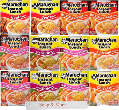 Maruchan Ramen Cup Noodles Instant 12 Count - 2 Beef, 2 Chicken, 2 Shrimp, 2 Hot & Spicy Shrimp, 2 Hot & Spicy chicken & 2 Lime Chili Chicken Lunch / Dinner Variety, 6 Flavors