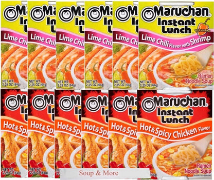 Maruchan Ramen Instant Cup Noodles 12 Count - 6 Hot & Spicy Chicken Flavor & 6 Lime Chili Shrimp Flavor Lunch / Dinner Variety, 2 Flavors