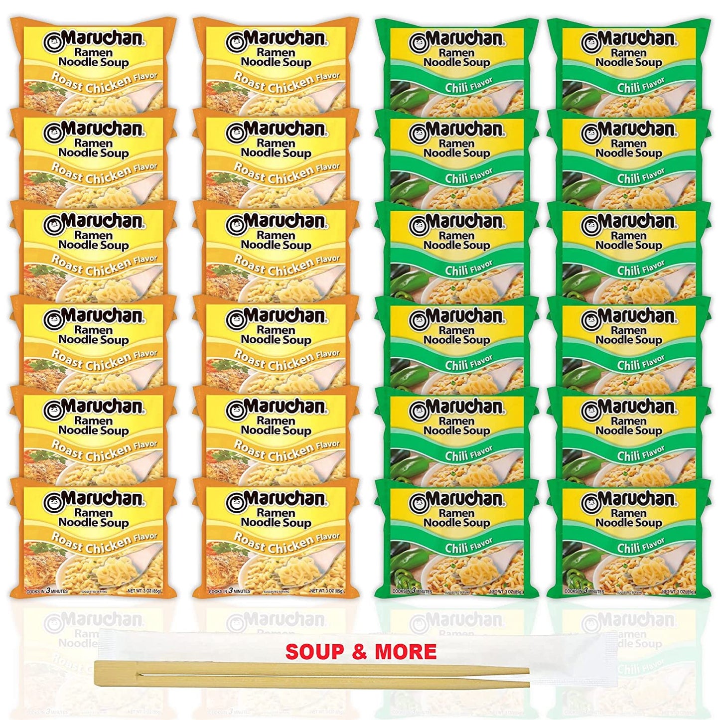 Maruchan Ramen Instant Noodle Soup Variety, 2 Flavors - 12 Packs Roast Chicken & 12 Packs Chili , 3 Ounce Single Servings Lunch / Dinner Variety