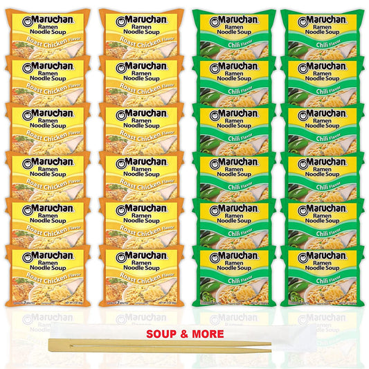 Maruchan Ramen Instant Noodle Soup Variety, 2 Flavors - 12 Packs Roast Chicken & 12 Packs Chili , 3 Ounce Single Servings Lunch / Dinner Variety