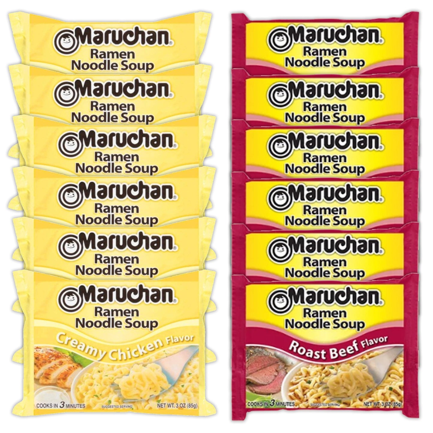 Maruchan Ramen Instant Noodle Soup Variety, 2 Flavors - 6 Packs Creamy Chicken & 6 Packs Roast Beef , 3 Ounce Single Servings Lunch / Dinner Variety