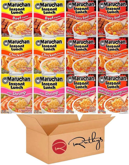 Ruthy's Outlet Ramen Noodle Cup Soup Instant Lunch Variety 12 Count - 9 Flavors -Chicken, Spicy Beef, Chedder cheese, Spicy Chicken, Lime chili Shrimp