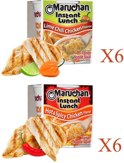Maruchan Ramen Instant Cup Noodles 12 Count - 6 Lime Chili Chicken Flavor & 6 Hot & Spicy Chicken Flavor Lunch / Dinner Variety, 2 Flavors