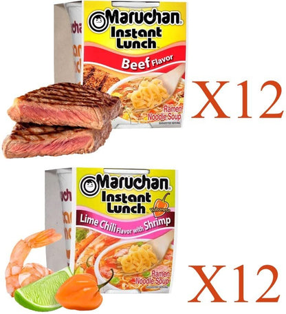 Maruchan Ramen Instant Cup Noodles 24 Count - 12 Beef Flavor & 12 Lime Chili Chicken Flavor Lunch / Dinner Variety, 2 Flavors
