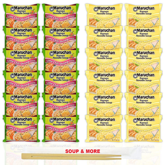 Maruchan Ramen Instant Noodle Soup Variety, 2 Flavors - 12 Packs Lime Chili Shrimp & 12 Packs Creamy Chicken , 3 Ounce Single Servings Lunch / Dinner Variety