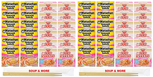 Maruchan Ramen Instant Shrimp Soup 24 Noodles Cups & 24 Nissin cup Shrimp Noodles Flavor Lunch / Dinner Variety, 48 Count, 2 Flavors
