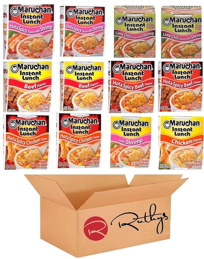 Ruthy's Outlet Ramen Noodle Cup Soup Instant Lunch Variety 12 Count - 9 Flavors -Chicken, Spicy Beef, Chedder cheese, Spicy Chicken, Lime chili Shrimp