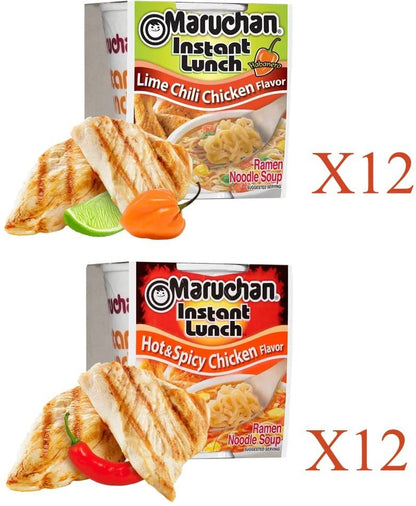 Maruchan Ramen Instant Cup Noodles 24 Count - 12 Lime Chili Chicken Flavor & 12 Hot & Spicy Chicken Flavor Lunch / Dinner Variety, 2 Flavors