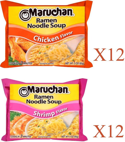 Maruchan Ramen Instant Soup Noodles 24 Count - 12 Shrimp Flavor & 12 Chicken Flavor Lunch / Dinner Variety, 2 Flavors