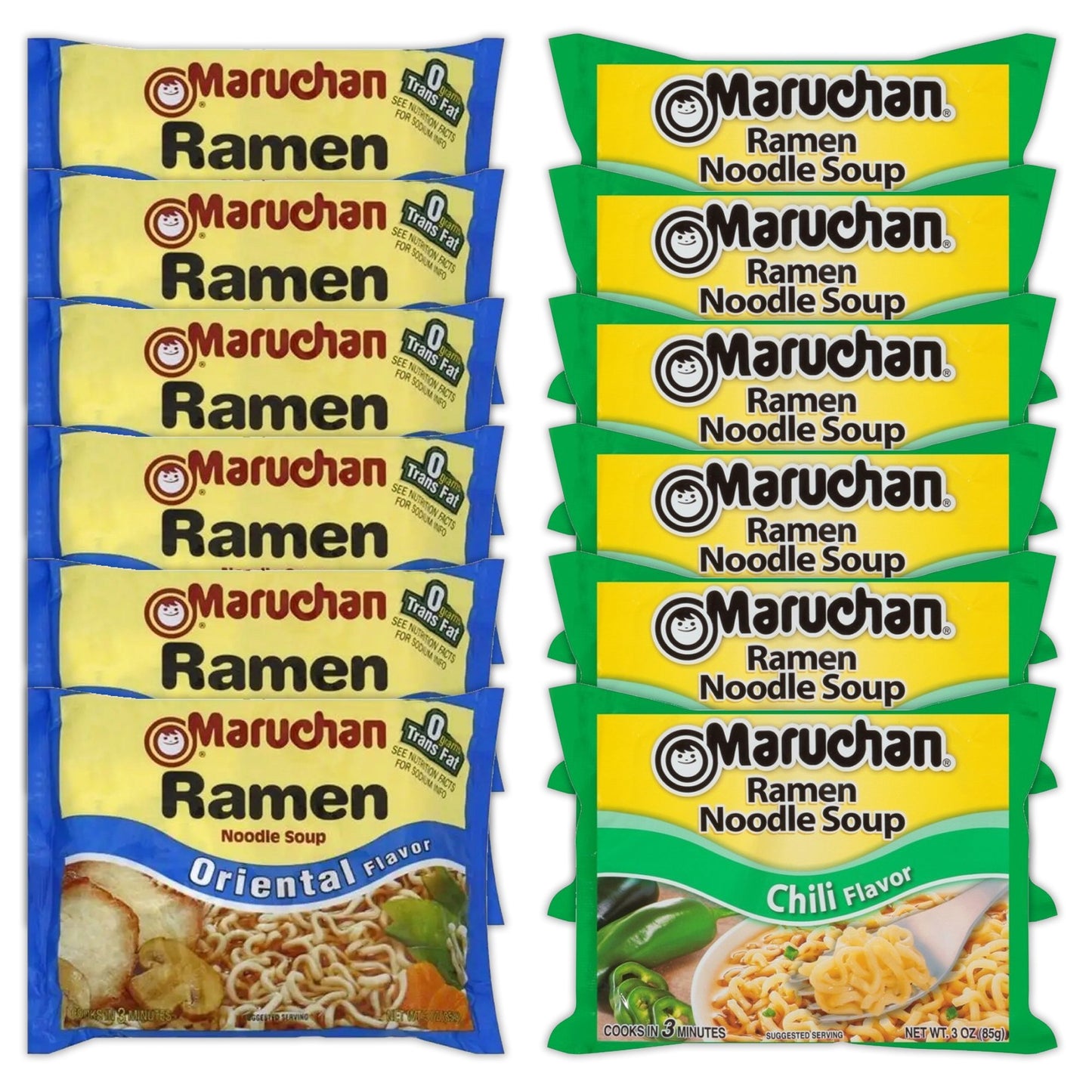 Maruchan Ramen Instant Noodle Soup Variety, 2 Flavors - 6 Packs Soy Sauce & 6 Packs Chili , 3 Ounce Single Servings Lunch / Dinner Variety