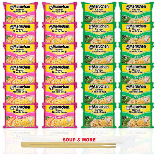 Maruchan Ramen Instant Noodle Soup Variety, 2 Flavors - 12 Packs Chili & 12 Packs Shrimp , 3 Ounce Single Servings Lunch / Dinner Variety