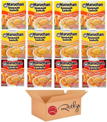 Ruthy's Outlet Ramen Noodle Cup Soup Instant Lunch Variety 12 Count - 9 Flavors -Chicken, Spicy Beef, Chedder cheese, Spicy Chicken, Lime chili Shrimp