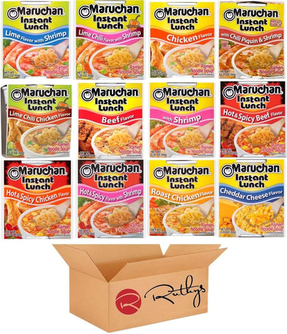Ruthy's Outlet Ramen Noodle Cup Soup Instant Lunch Variety 12 Count - 9 Flavors -Chicken, Spicy Beef, Chedder cheese, Spicy Chicken, Lime chili Shrimp