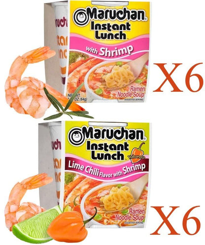 Maruchan Ramen Instant Cup Noodles 12 Count - 6 Shrimp Flavor & 6 Lime Chili Shrimp Flavor Lunch / Dinner Variety, 2 Flavors