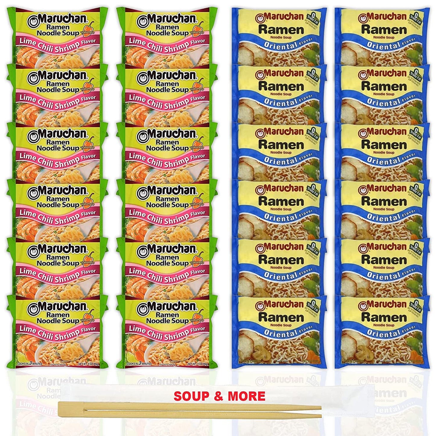 Maruchan Ramen Instant Noodle Soup Variety, 2 Flavors - 12 Packs Lime Chili Shrimp & 12 Packs Oriental , 3 Ounce Single Servings Lunch / Dinner Variety