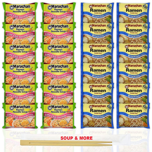 Maruchan Ramen Instant Noodle Soup Variety, 2 Flavors - 12 Packs Lime Chili Shrimp & 12 Packs Oriental , 3 Ounce Single Servings Lunch / Dinner Variety