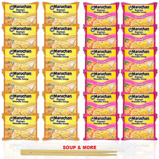 Maruchan Ramen Instant Noodle Soup Variety, 2 Flavors - 12 Packs Roast Chicken & 12 Packs Shrimp , 3 Ounce Single Servings Lunch / Dinner Variety
