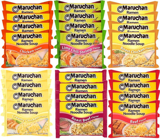 Maruchan Ramen Instant Noodle Soup Variety Mix 24 Packs, 6 Flavors - 4 Lime Chili Shrimp, 4 Chicken, 4 Roast Chicken, 4 Beef, 4 Creamy Chicken, 4 Rost Beef Lunch / Dinner Variety