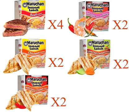 Maruchan Ramen Cup Noodles Instant 12 Count - 4 Beef, 2 Chicken, 2 Hot & Spicy Shrimp, 2 Hot & Spicy chicken & 2 Lime Chili Chicken Lunch / Dinner Variety, 5 Flavors