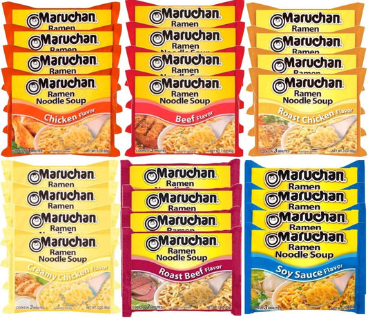 Maruchan Ramen Instant Noodle Soup Variety Mix 24 Packs, 6 Flavors - 4 Oriental, 4 Chicken, 4 Roast Chicken, 4 Beef, 4 Creamy Chicken, 4 Rost Beef Lunch / Dinner Variety